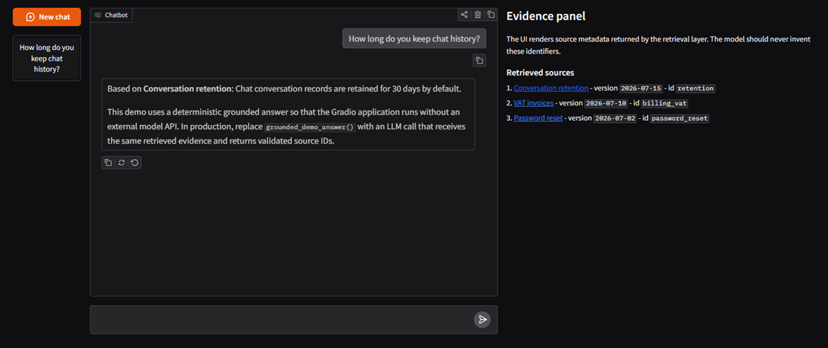Gradio documentation RAG assistant with a chat transcript and a separate evidence panel showing retrieved source identifiers versions and document links