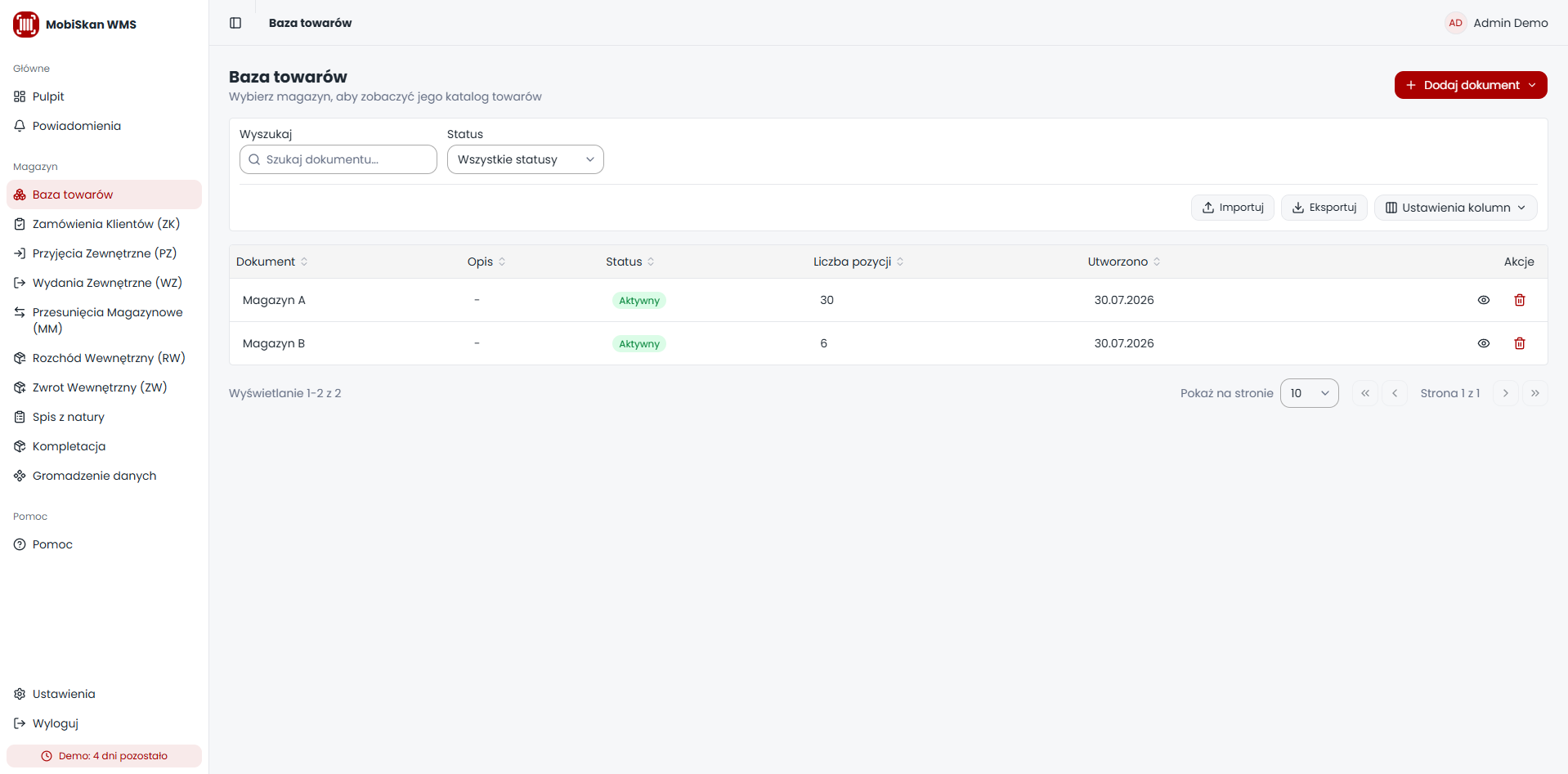 Goods Base warehouse selection with document status, item counts and import/export controls.