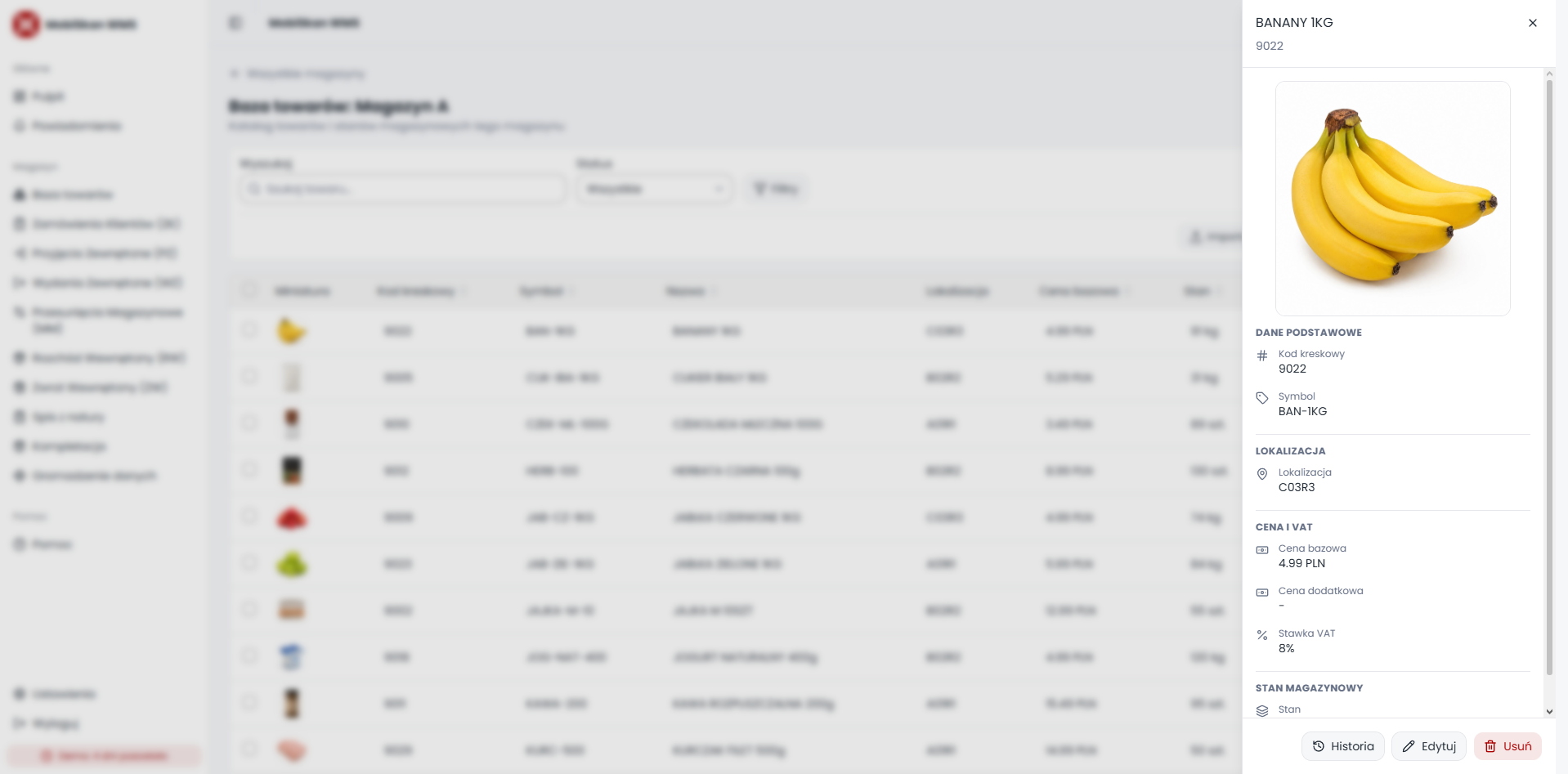 Quick product details panel with image, identifiers, location, pricing, VAT and stock information.