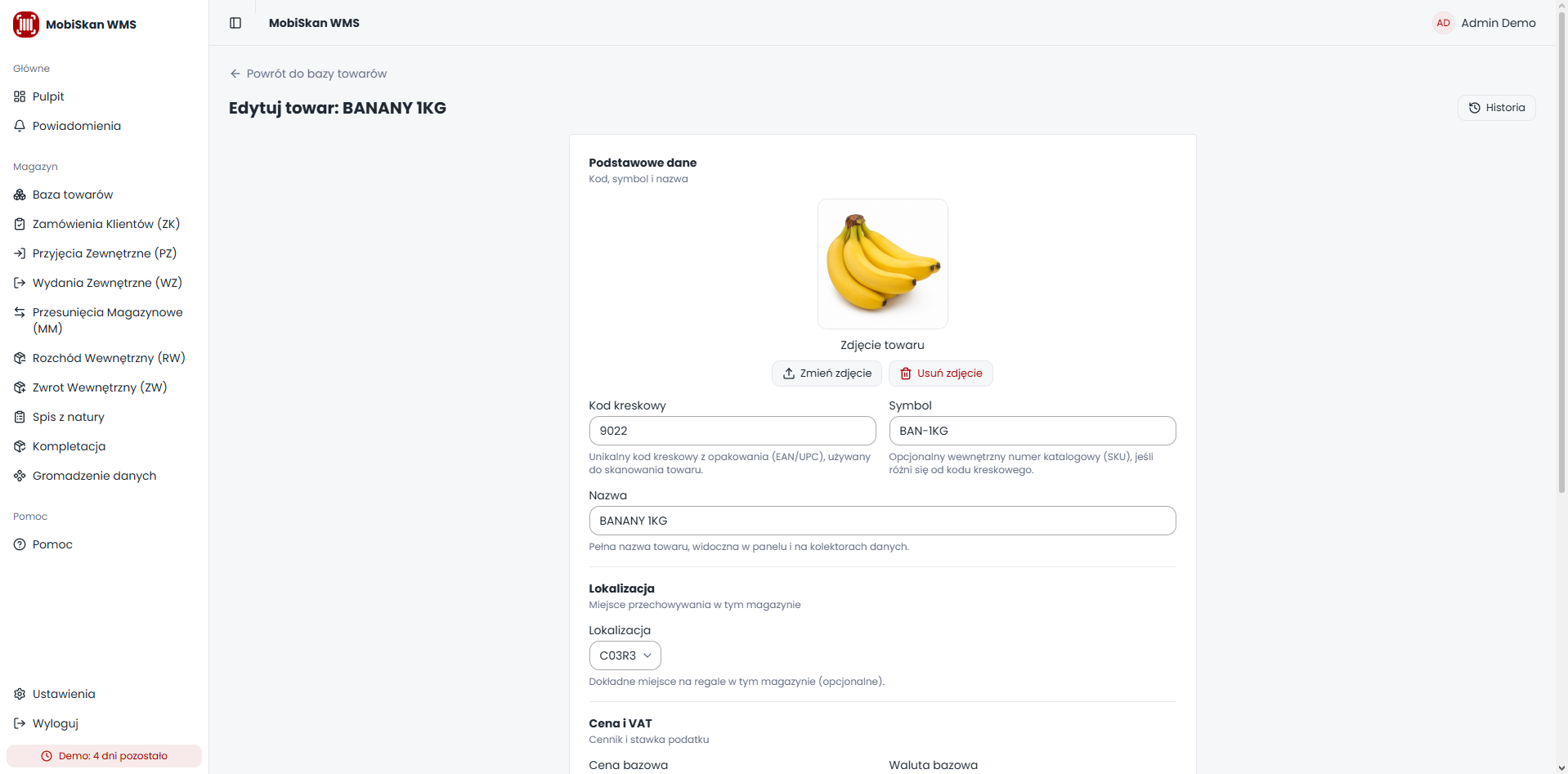 Product editor for catalogue data, warehouse location, prices, tax and image management.
