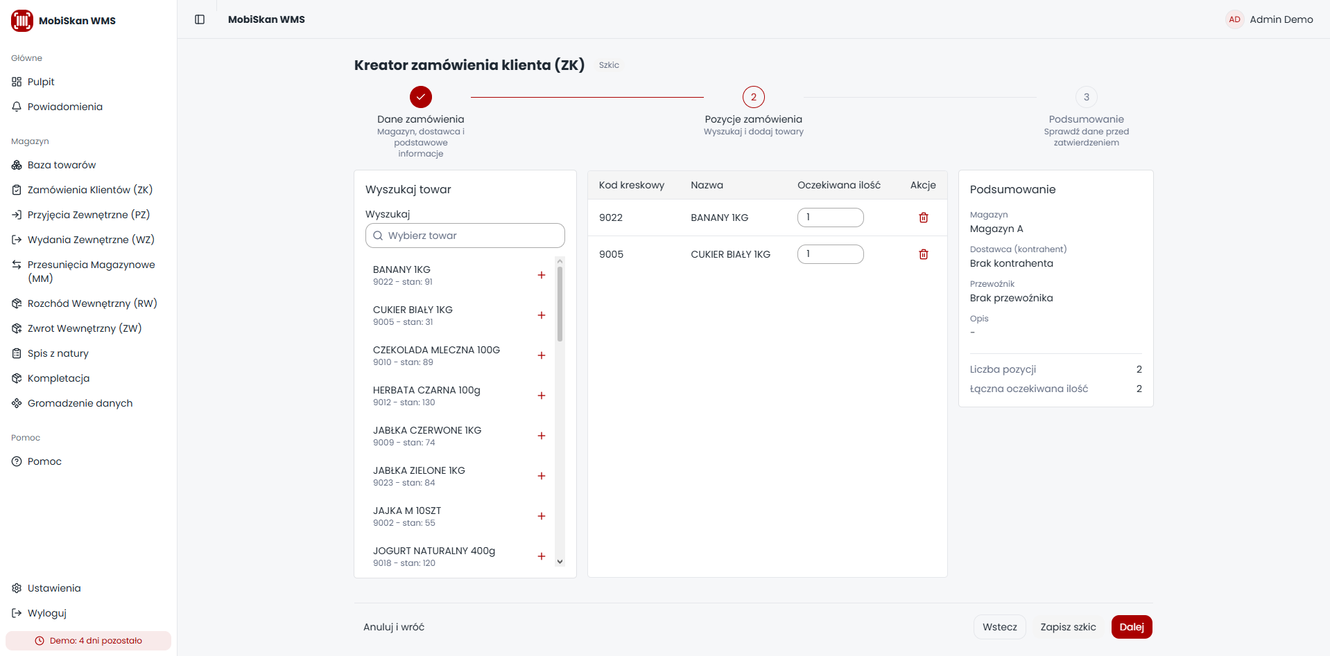 Step-by-step customer order wizard with live item selection and order summary.