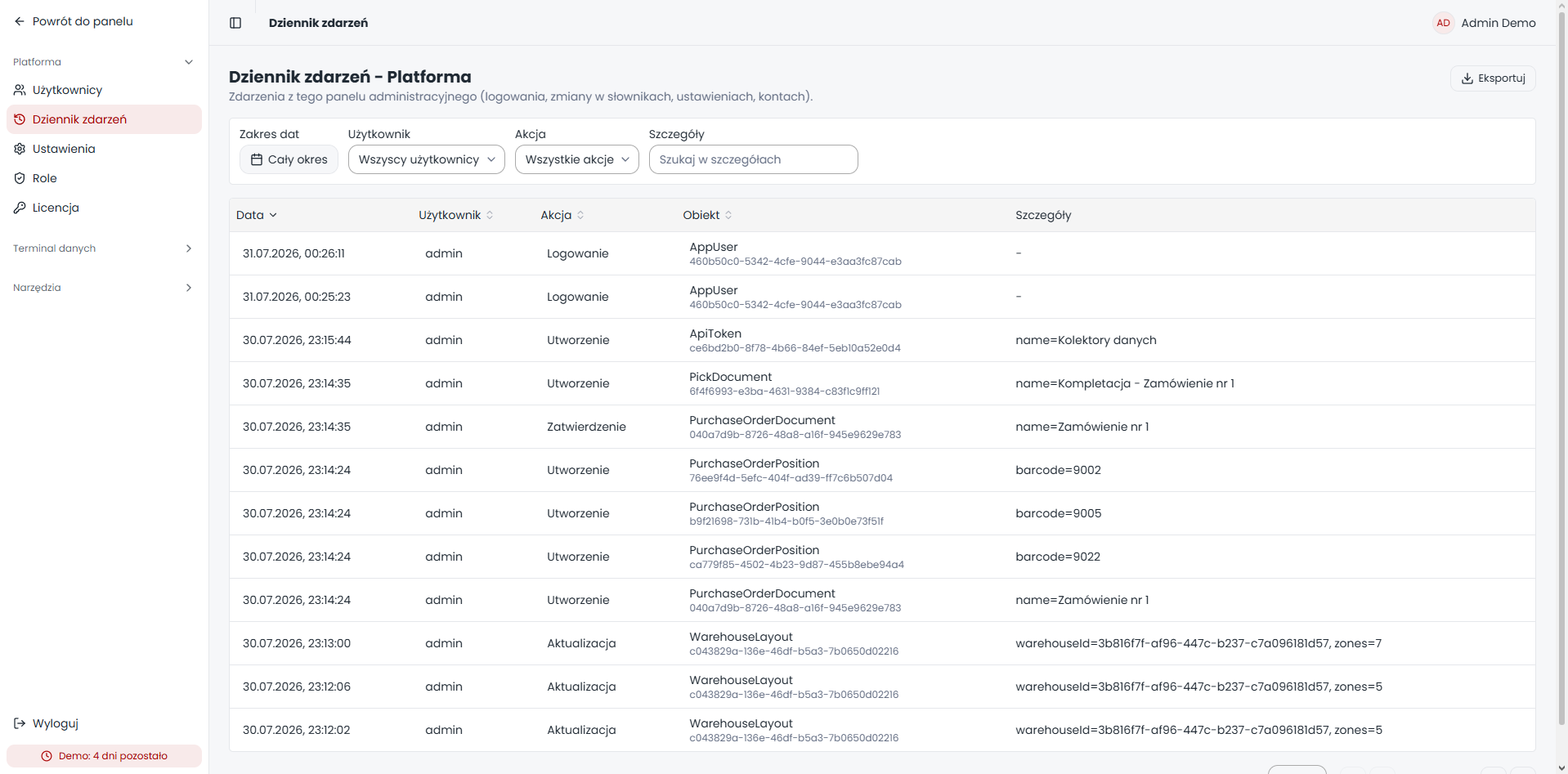 Searchable audit log with date, user, action, object and structured event details.