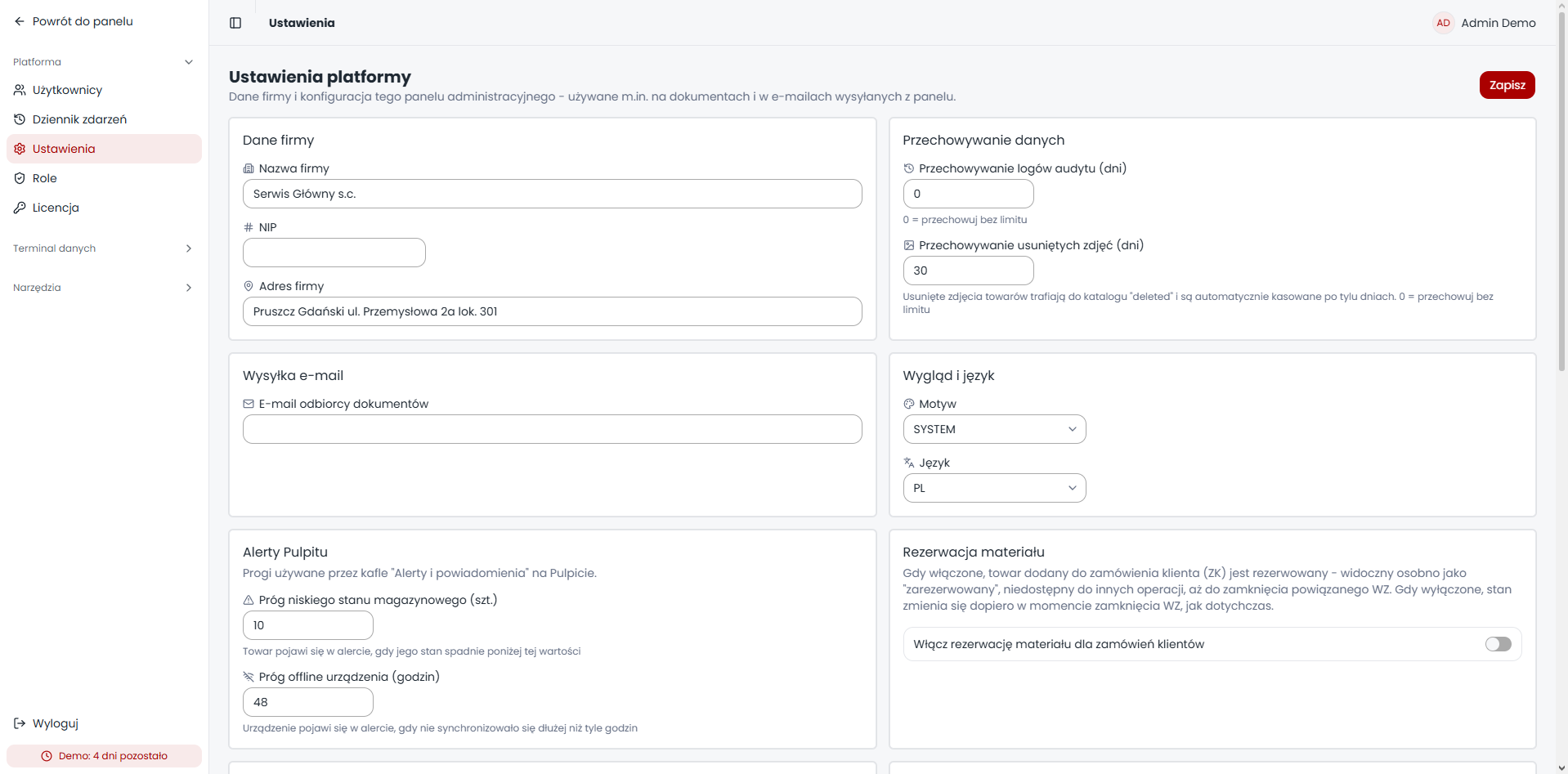 Platform settings for company data, retention, language, theme, alerts and stock reservation.