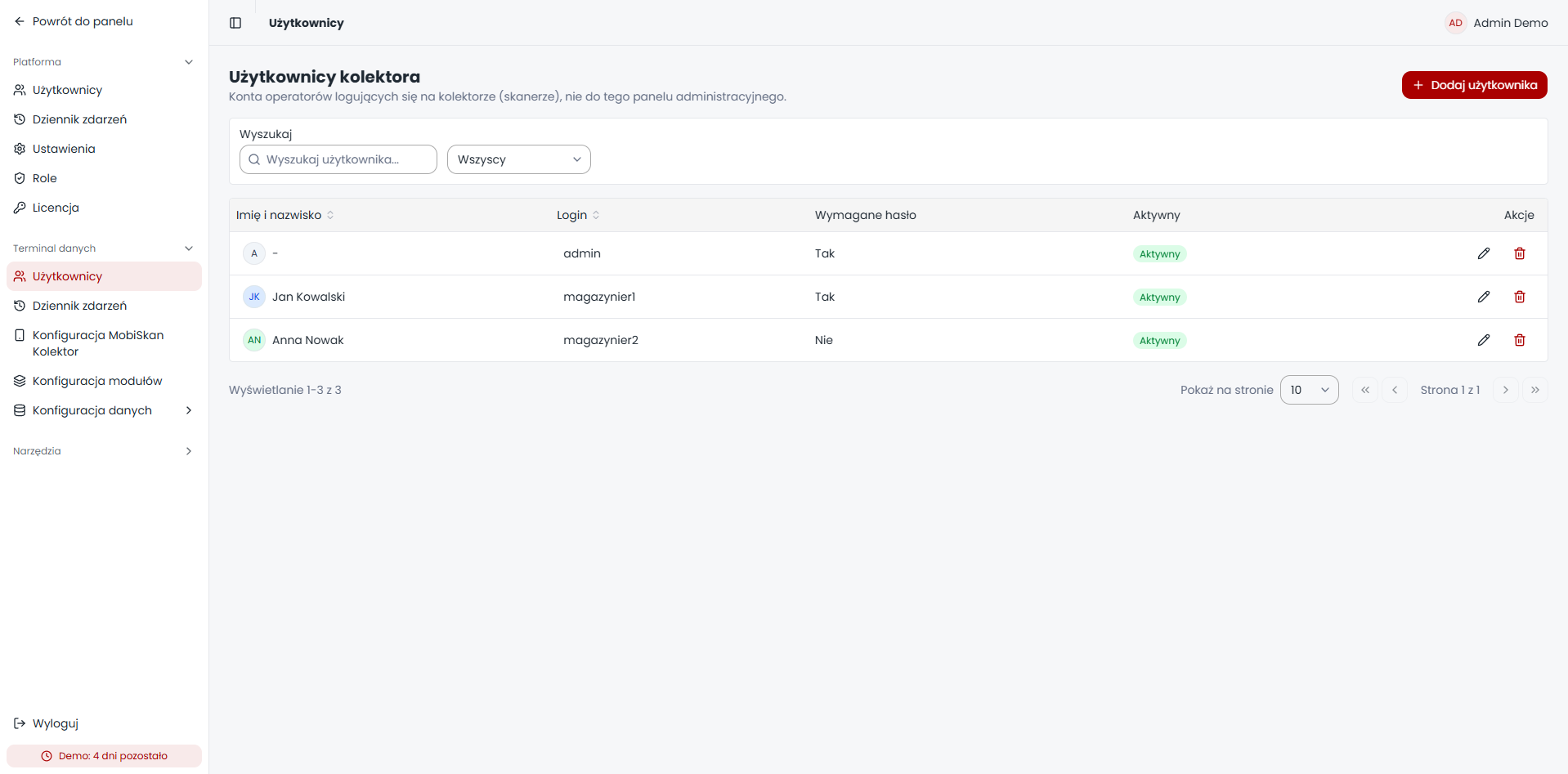 Data collector user management with login policy, activity status and account actions.