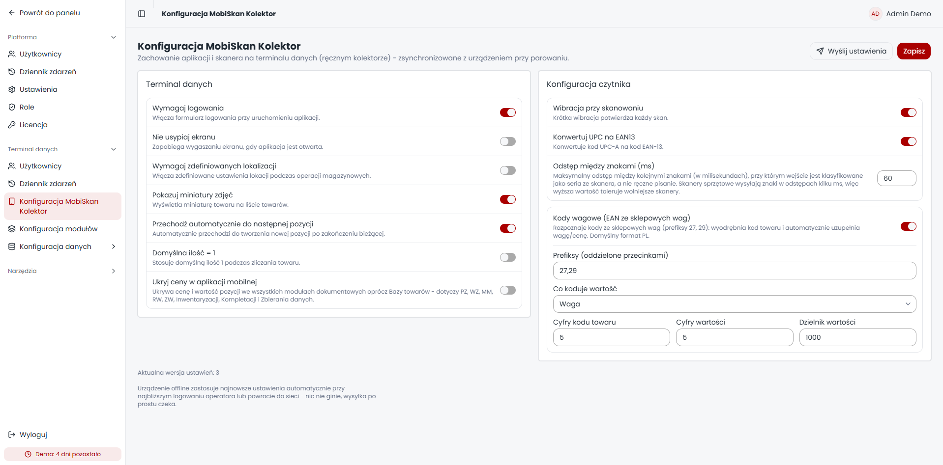 Central configuration of collector application behaviour, scanner input and weighted barcodes.