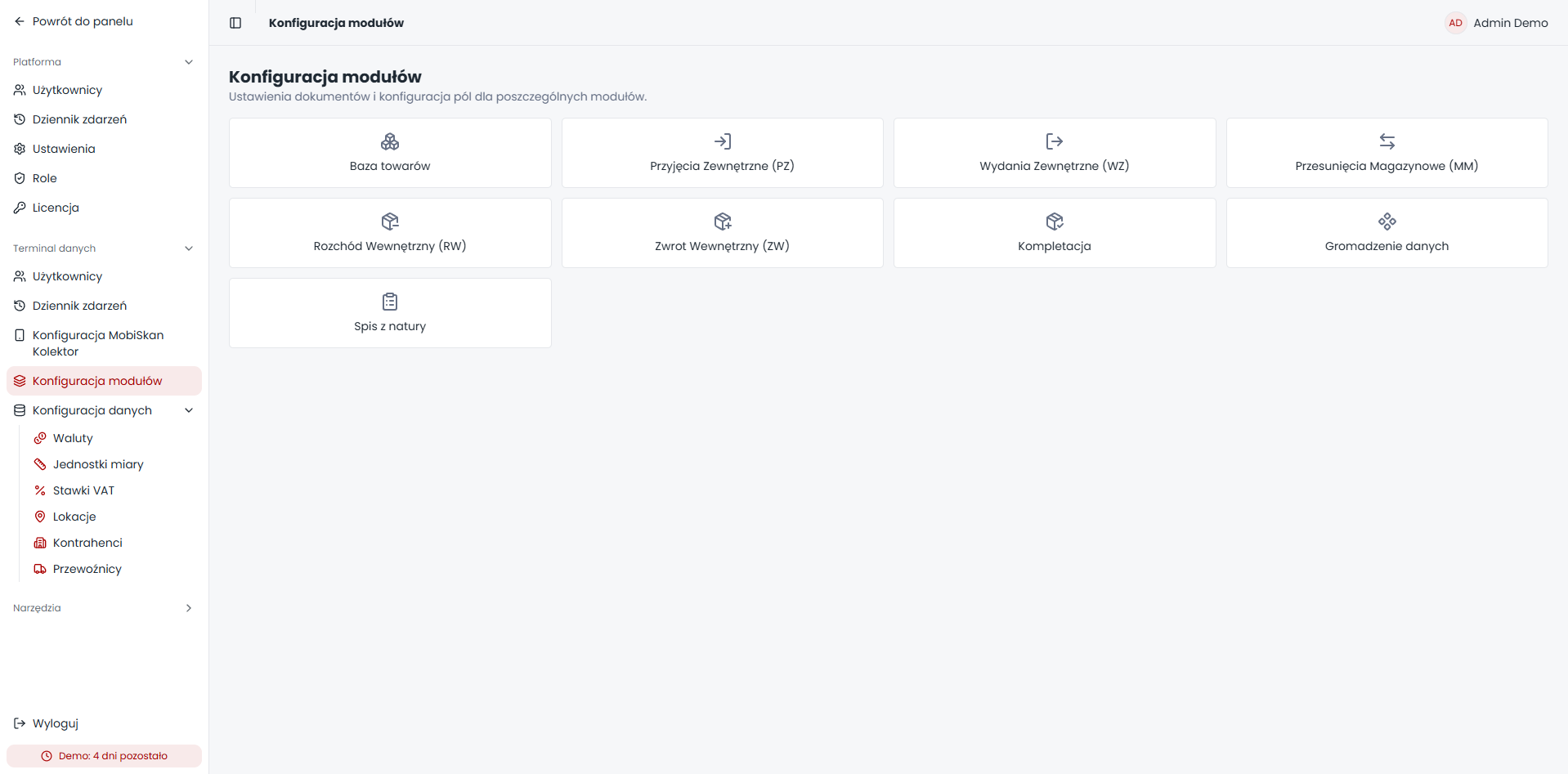 Module configuration hub for catalogue, movement documents, inventory, picking and data collection.