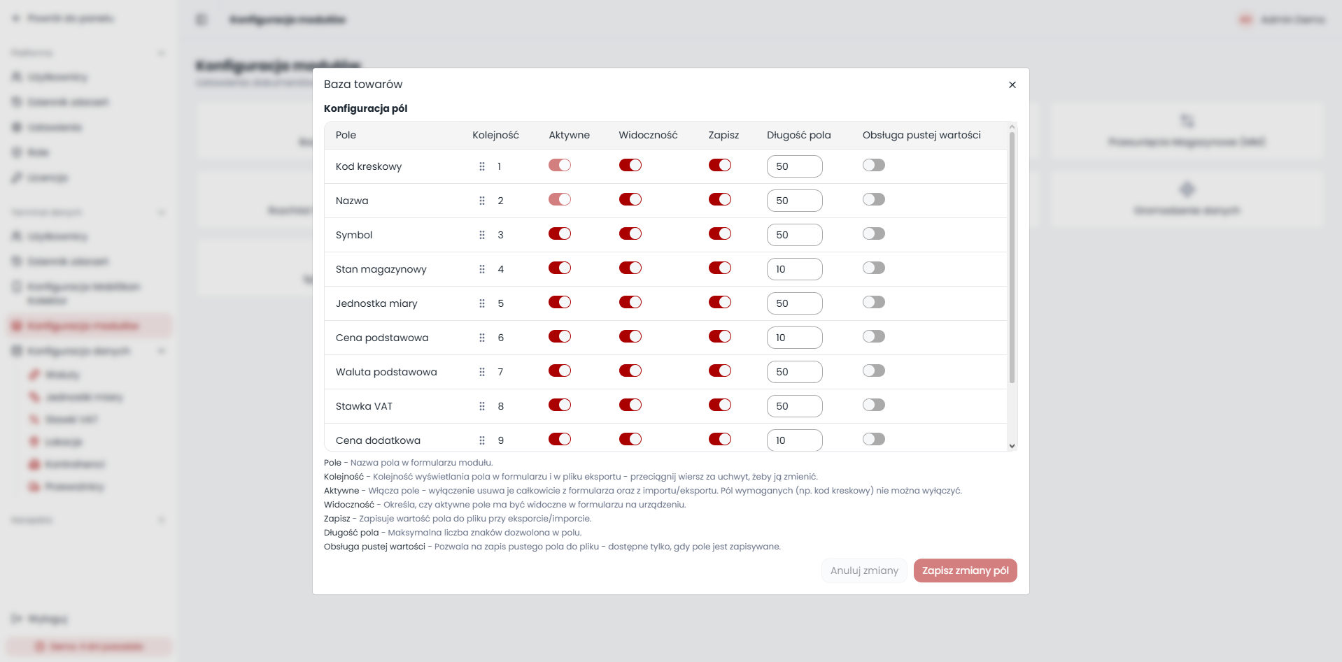 Per-module field configuration covering order, activation, visibility, export and empty-value handling.