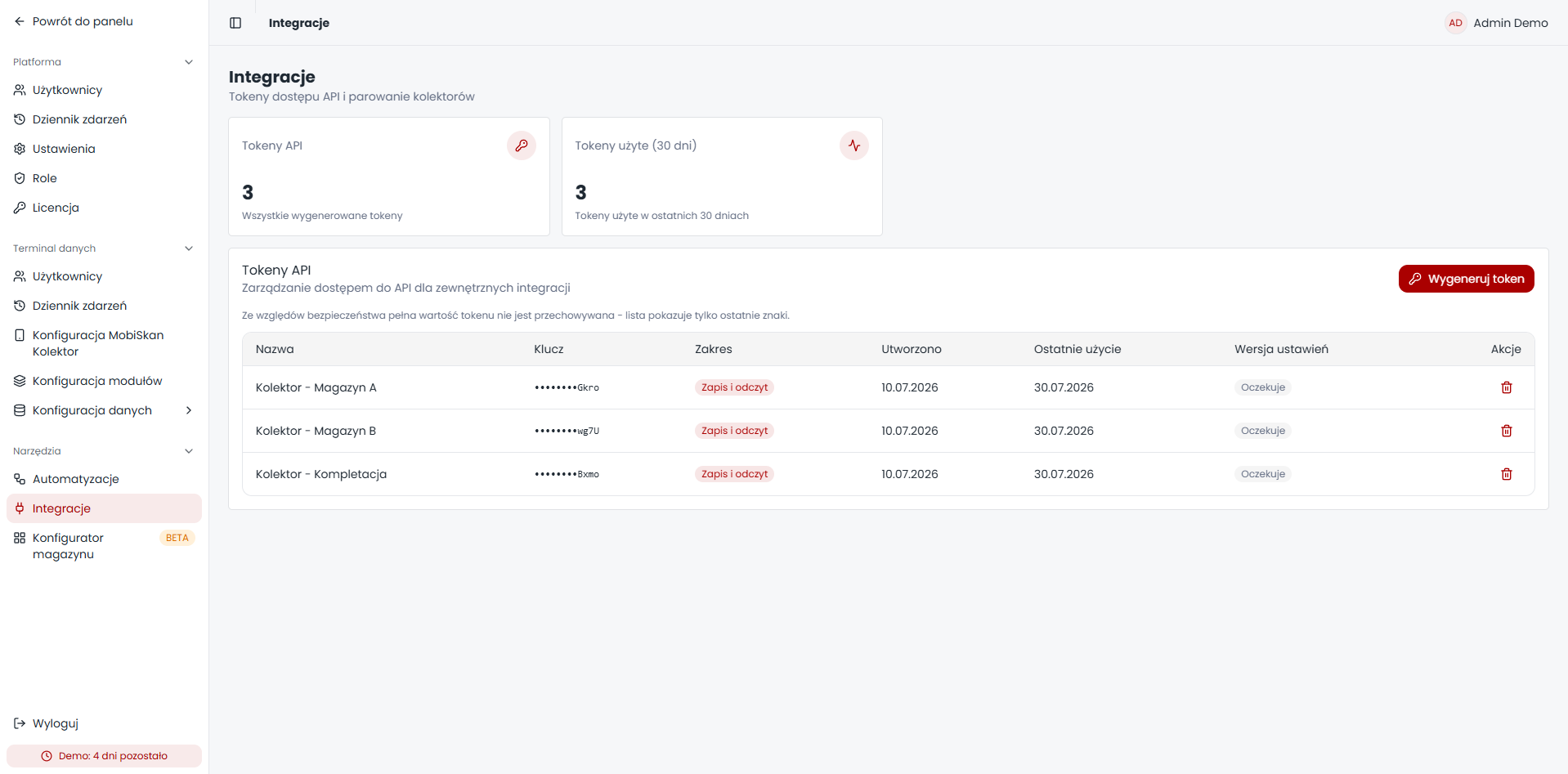 API token management for collector pairing and external integrations.