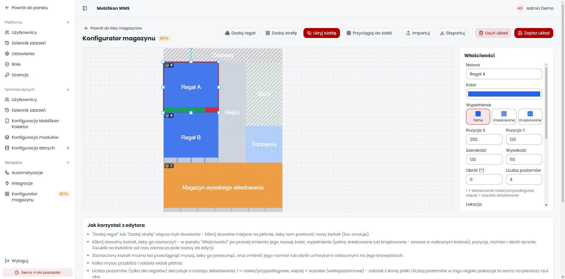 Visual warehouse layout editor for racks, zones, levels and mapped storage locations.
