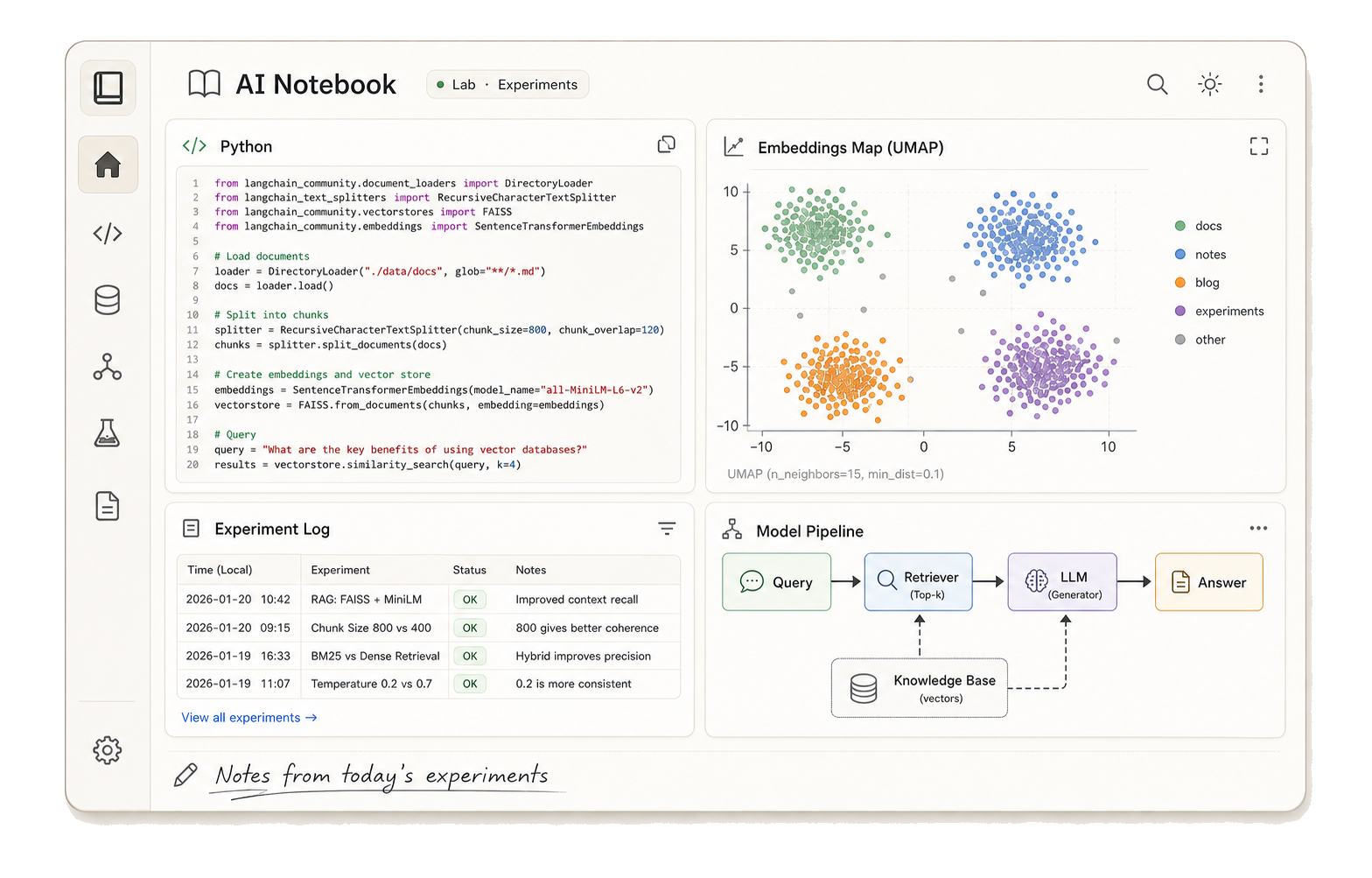 AI notebook interface with code, embeddings map, experiment log, and model pipeline